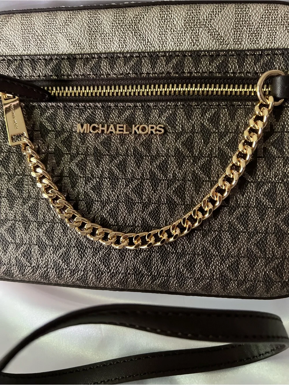 Michael Kors Brown and Black Signature Crossbody with Gold Chain